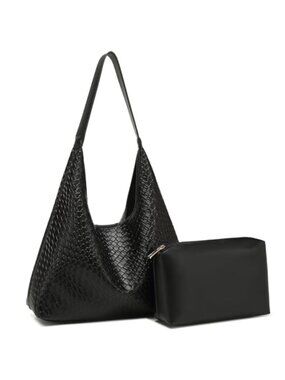 Woven Faux Leather Tote Bag with Cosmetic Bag, Women's Shoulder Hobo Handbag